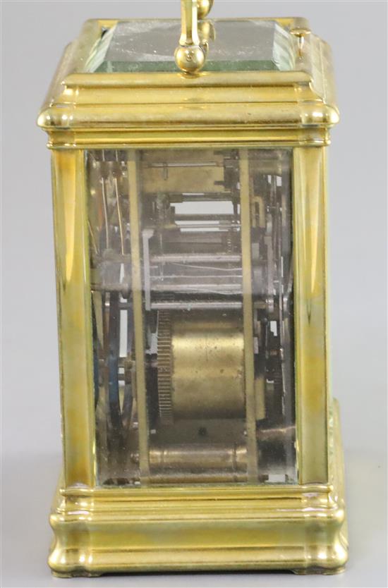 A late 19th century French ormolu quarter repeating carriage alarum clock, 6in.